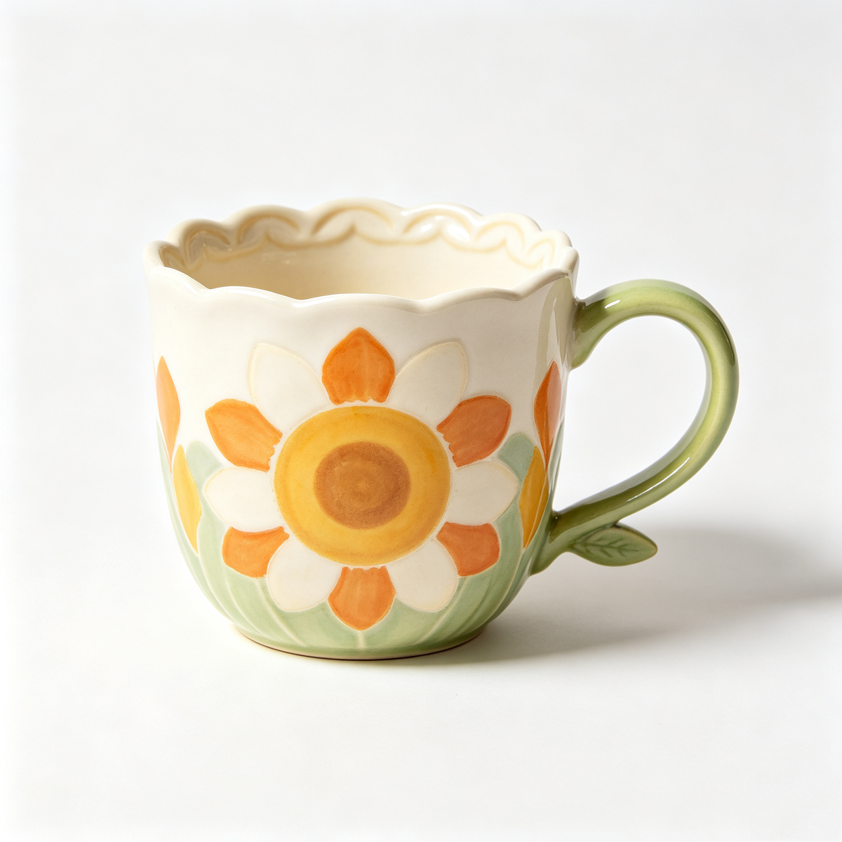 Scalloped Sunflower Embossed Ceramic Mug
