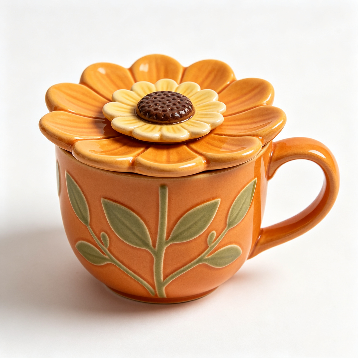 Orange Sunflower Lidded Ceramic Mug