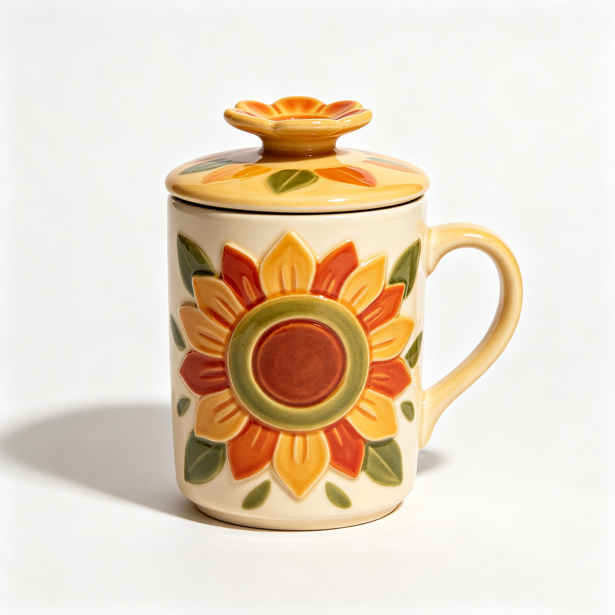 Embossed Sunflower Ceramic Mug With Lid