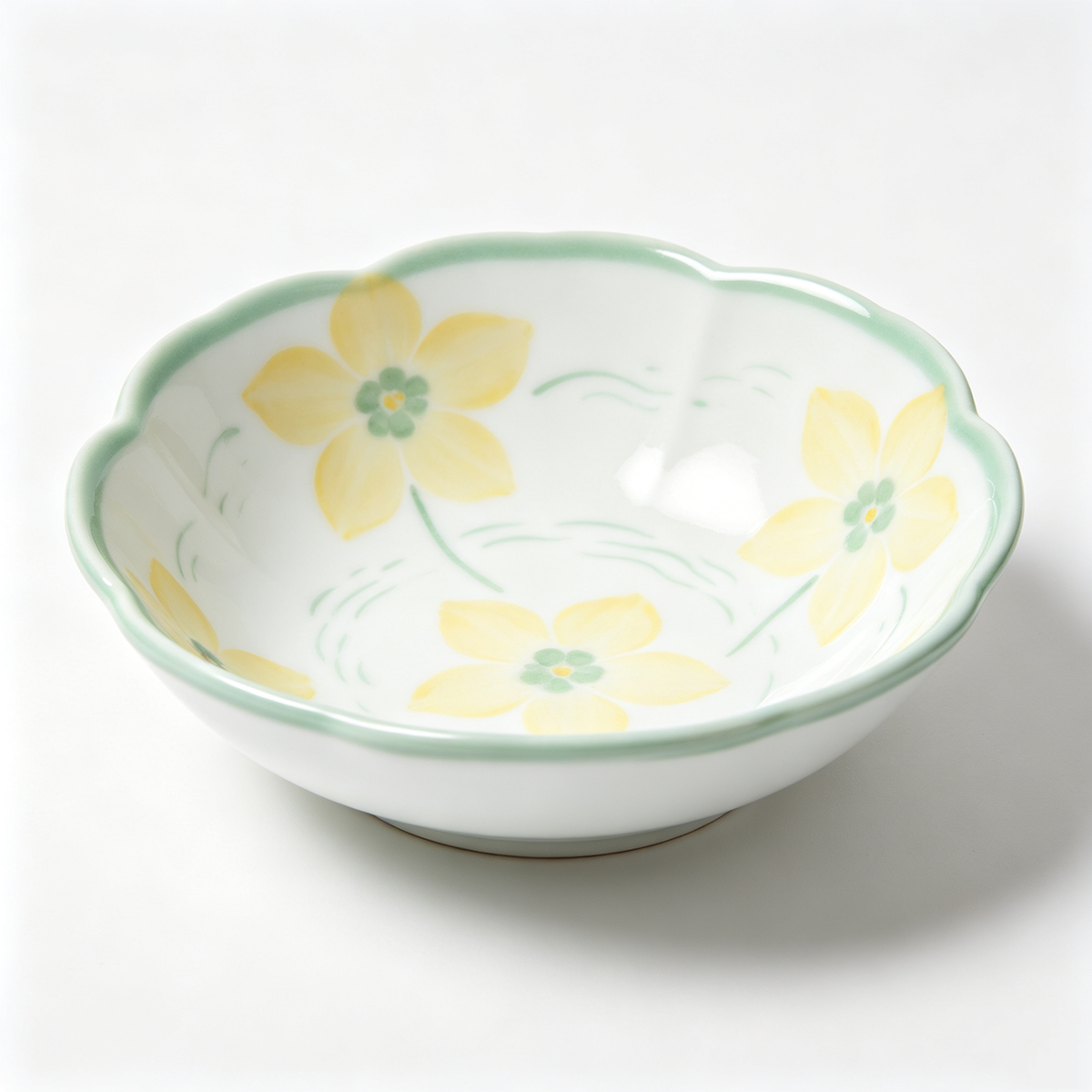 Pale Yellow Floral Scalloped Ceramic Bowl