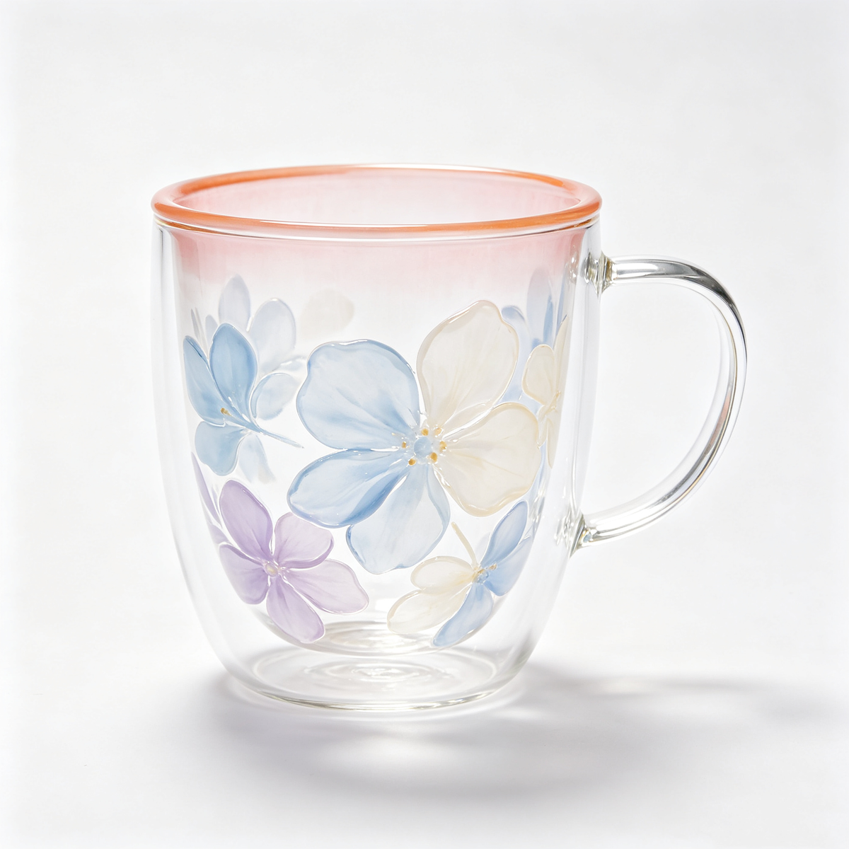 Double Wall Glass Mug With Hand Painted Hydrangea