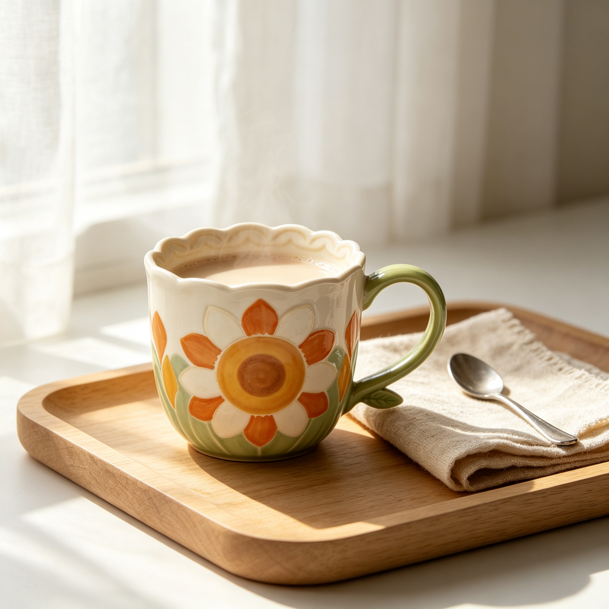 Scalloped Sunflower Embossed Ceramic Mug