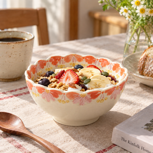 Watercolor Orange Floral Rim Ceramic Bowl