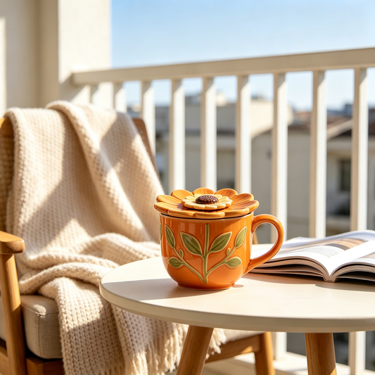 Orange Sunflower Lidded Ceramic Mug