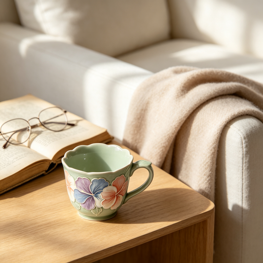Green Embossed Hibiscus Ceramic Mug
