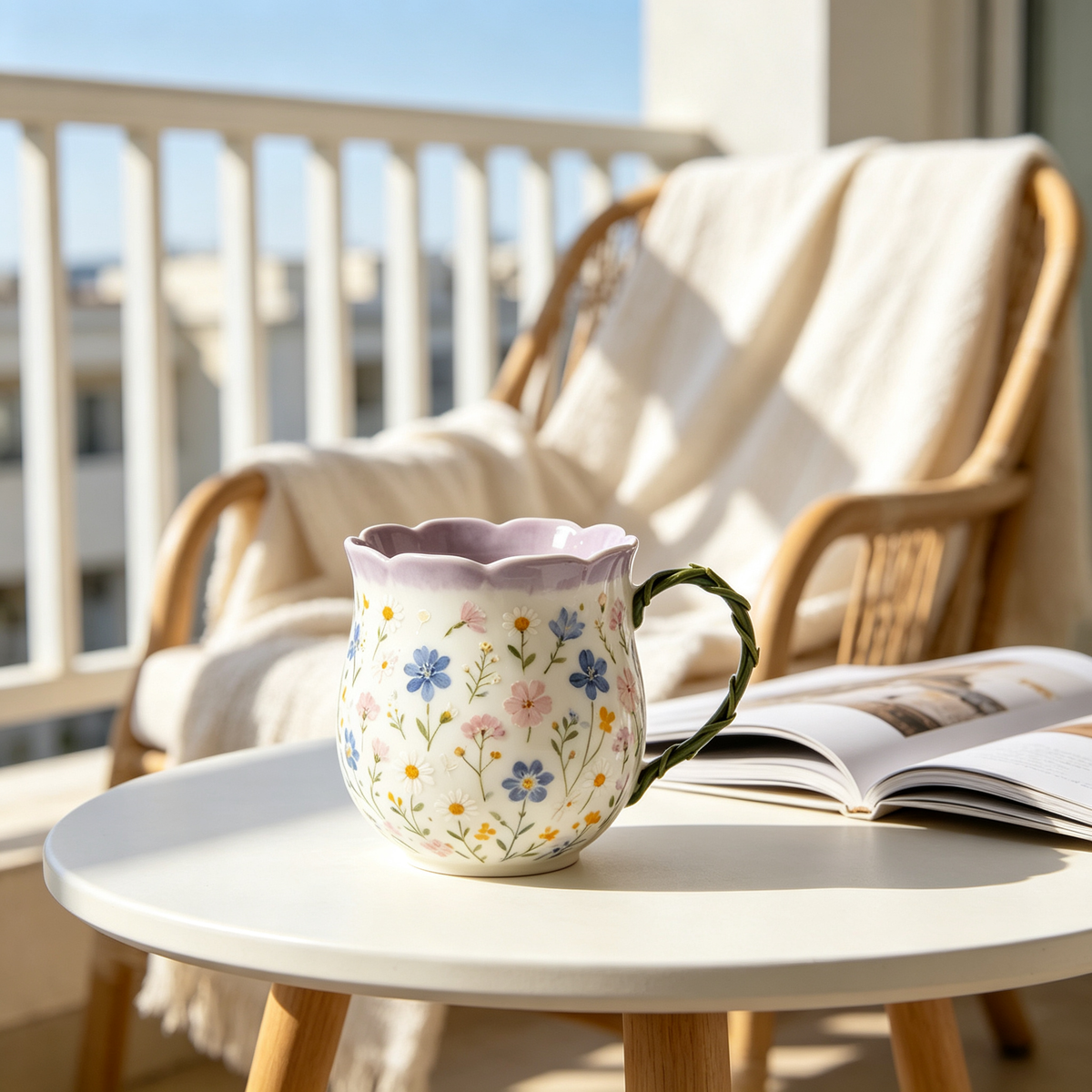 Wildflower Ceramic Mug With Braided Green Handle