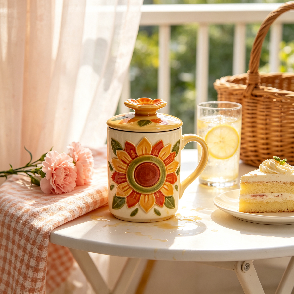 Embossed Sunflower Ceramic Mug With Lid