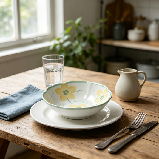 Pale Yellow Floral Scalloped Ceramic Bowl