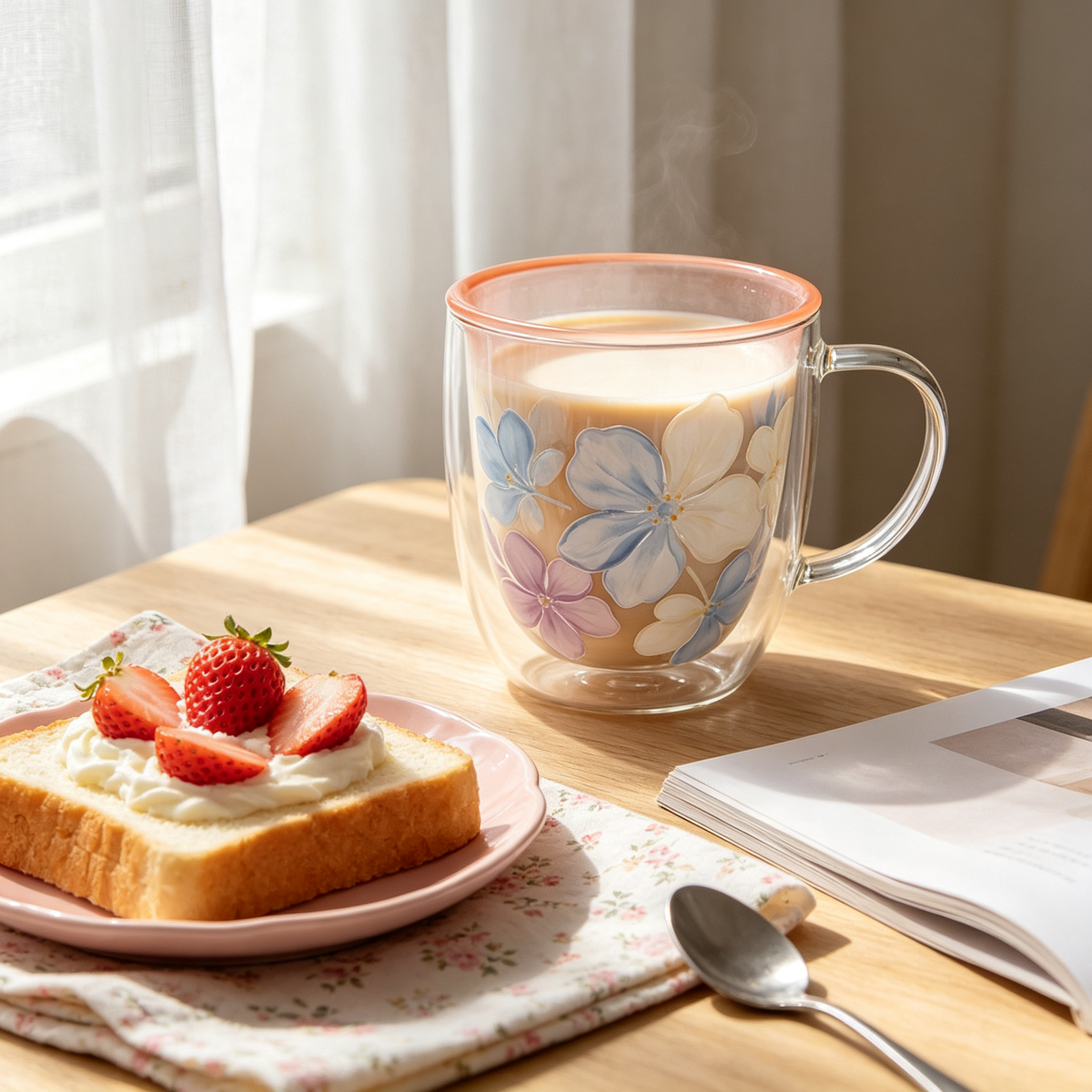 Double Wall Glass Mug With Hand Painted Hydrangea