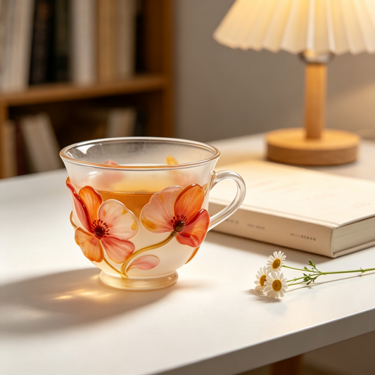 Frosted Glass Mug With 3D Poppy Flowers