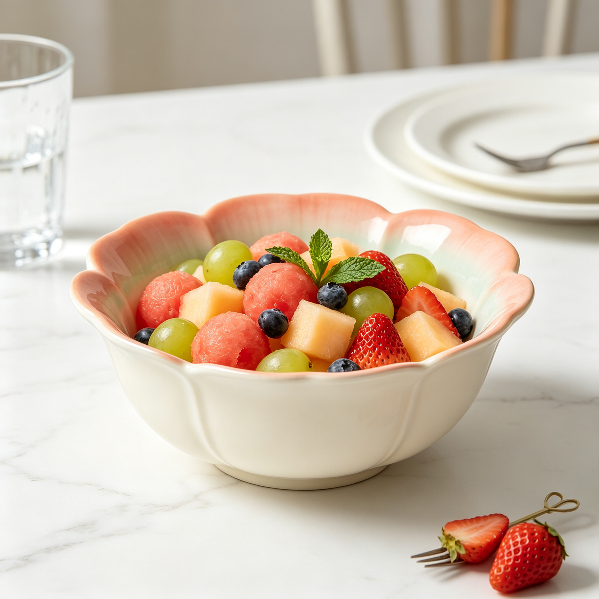 Gradient Peach Green Floral Rim Ceramic Bowl
