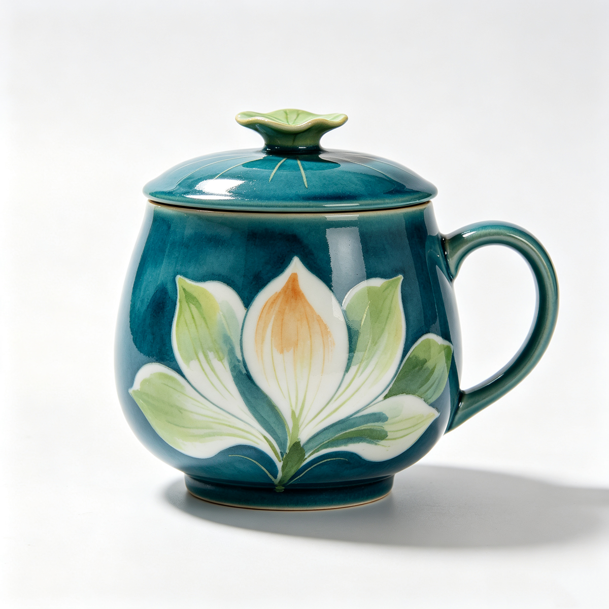 Teal Lotus Ceramic Mug With Lid