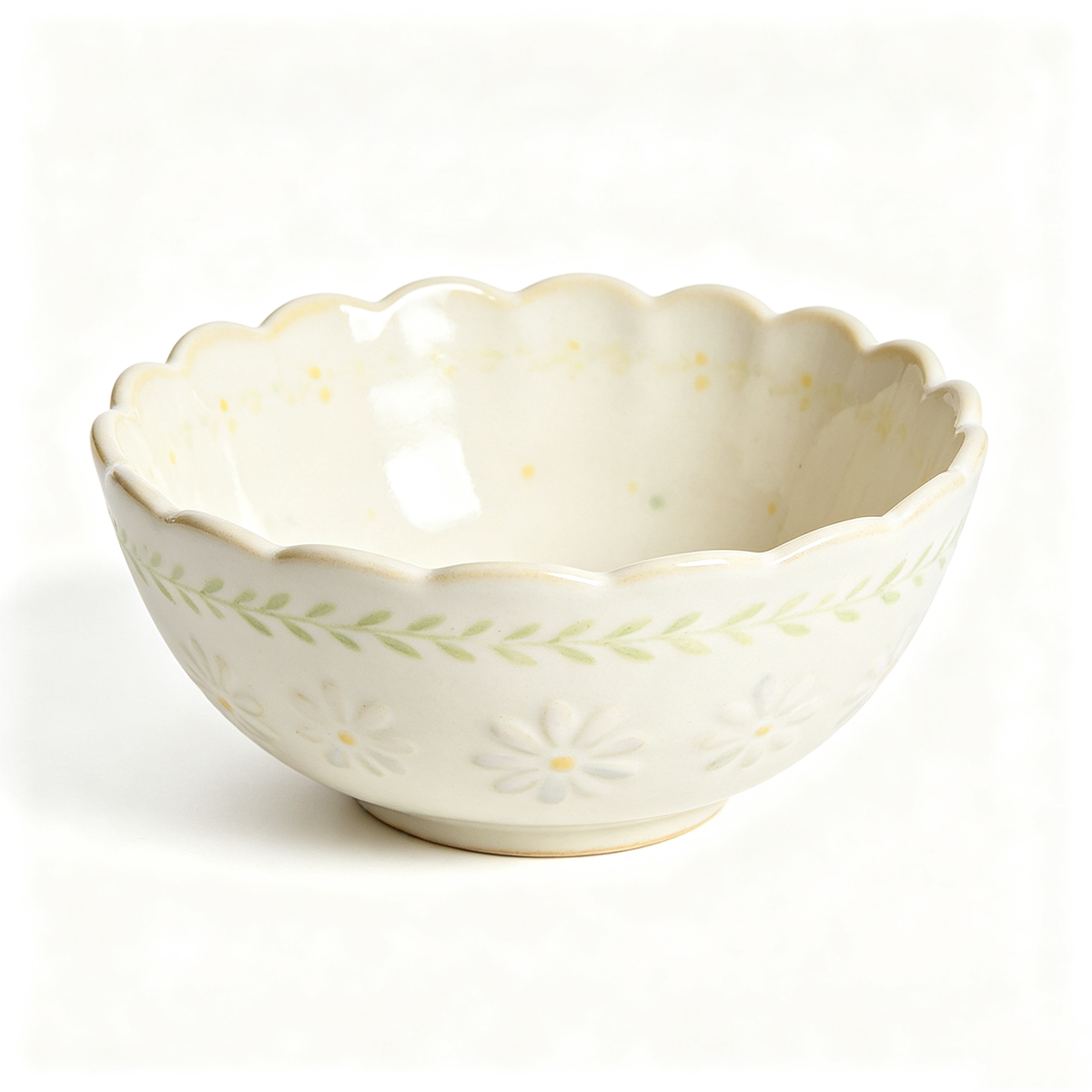 Embossed Daisy Scalloped Ceramic Bowl