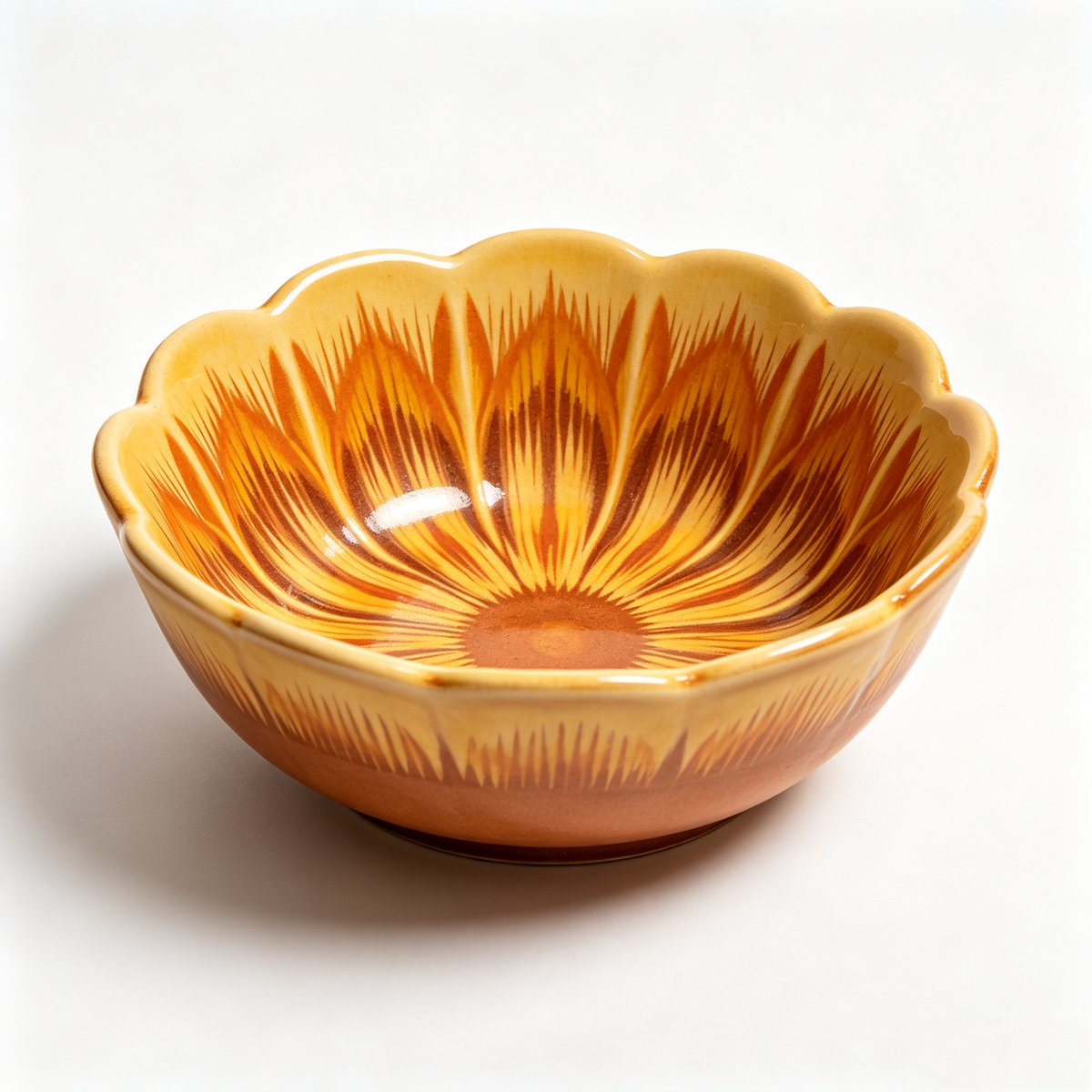 Golden Sunburst Scalloped Ceramic Bowl
