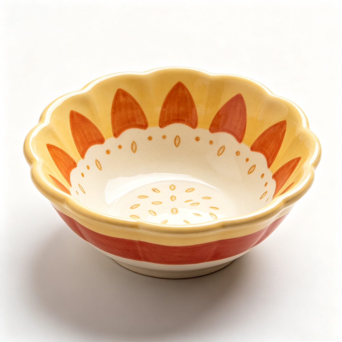 Yellow Orange Sunburst Scalloped Ceramic Bowl