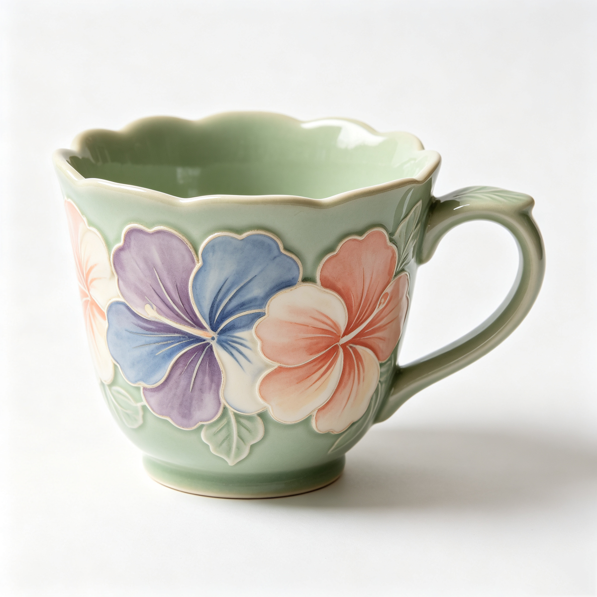 Green Embossed Hibiscus Ceramic Mug