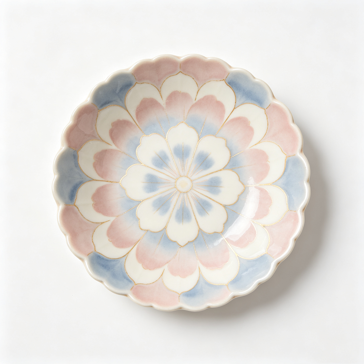 Pink Blue Gold Floral Scalloped Ceramic Plate