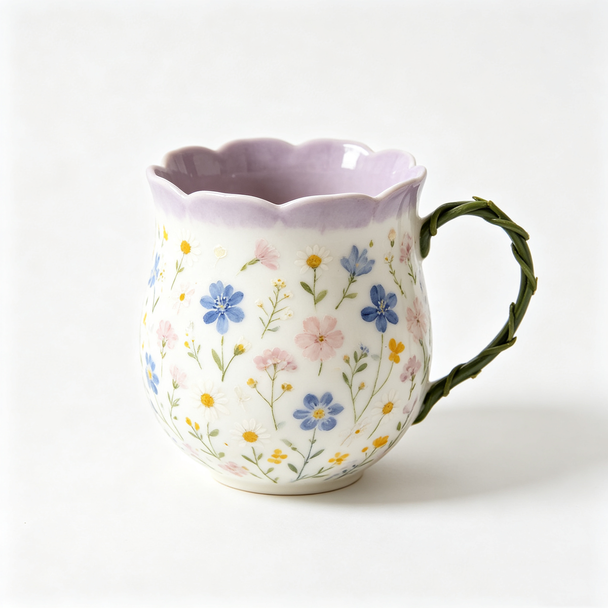 Wildflower Ceramic Mug With Braided Green Handle