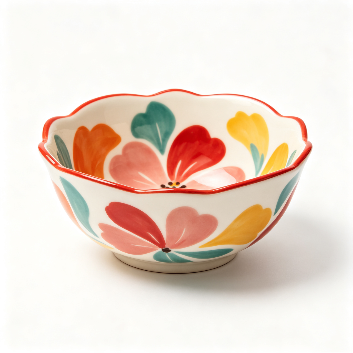 Bold Multicolor Floral Scalloped Ceramic Bowl