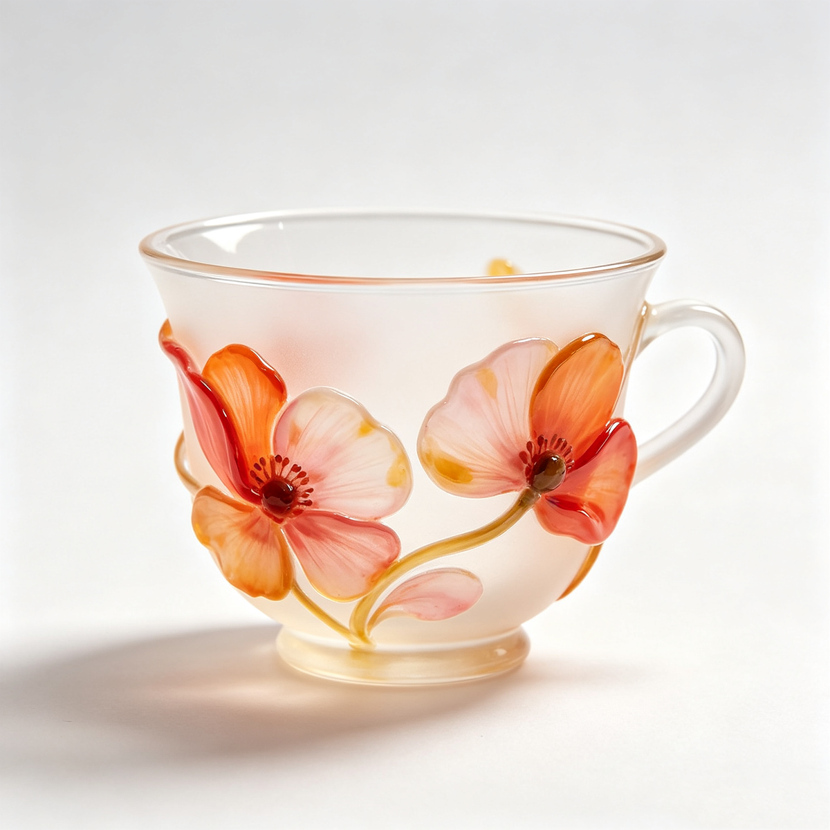 Frosted Glass Mug With 3D Poppy Flowers